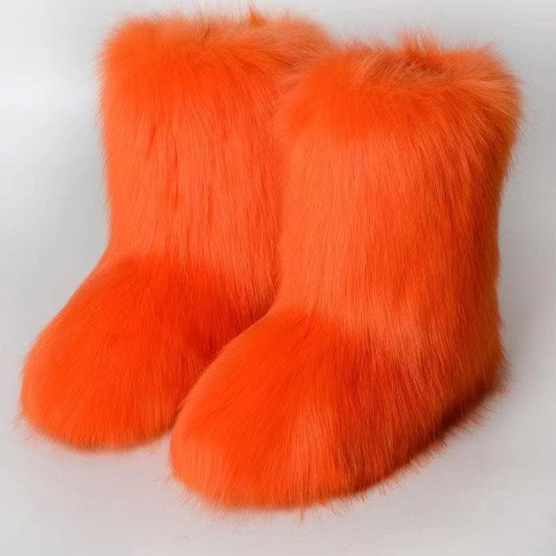 Winter Women Fluffy Faux Fox Fur Boots Woman Plush Warm Snow Boots Luxury Footwear Girls Furry Fur Bottes Fashion Winter Shoe 44