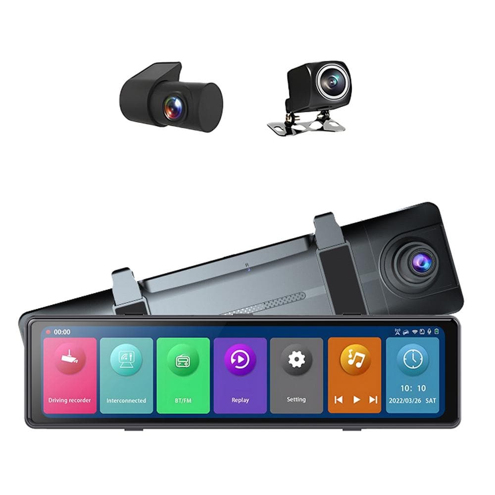 3 Cameras Dash Cam 12in 2.5K Clear Car Rearview Mirror BT Car Video Recording Camcorder Touched black