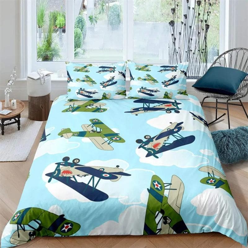 Airplane Duvet Cover Planes Fying In Air Aviation Airport Helicopters and Jets Cartoon Style Room Decorative for Boys Girls Gift 173x218cm 2pcs
