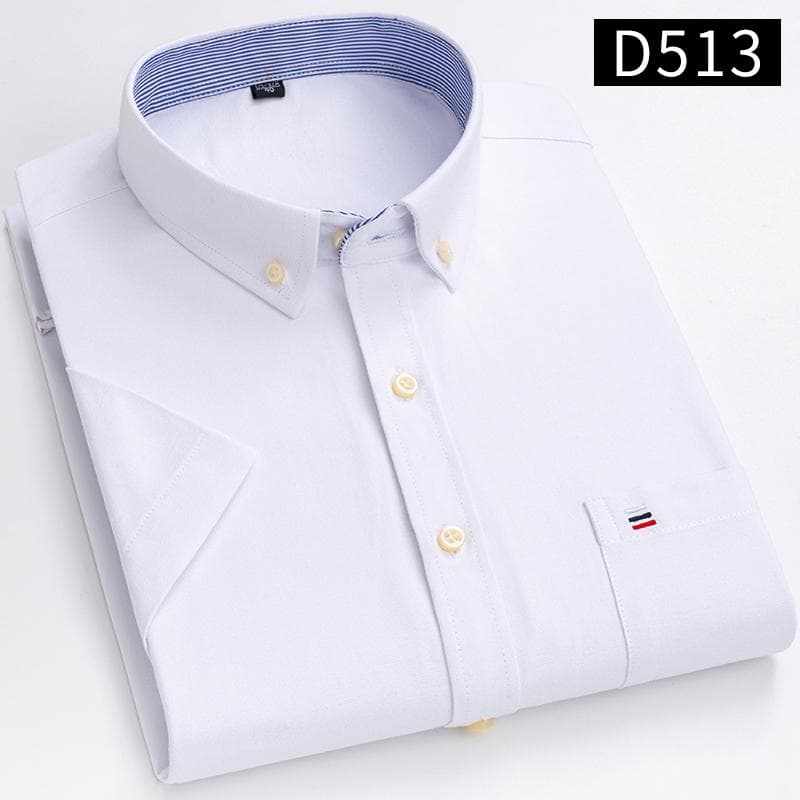 Men's Classic Solid Color Striped Short-sleeved Oxford Front Pocket Cotton Shirt 39 white