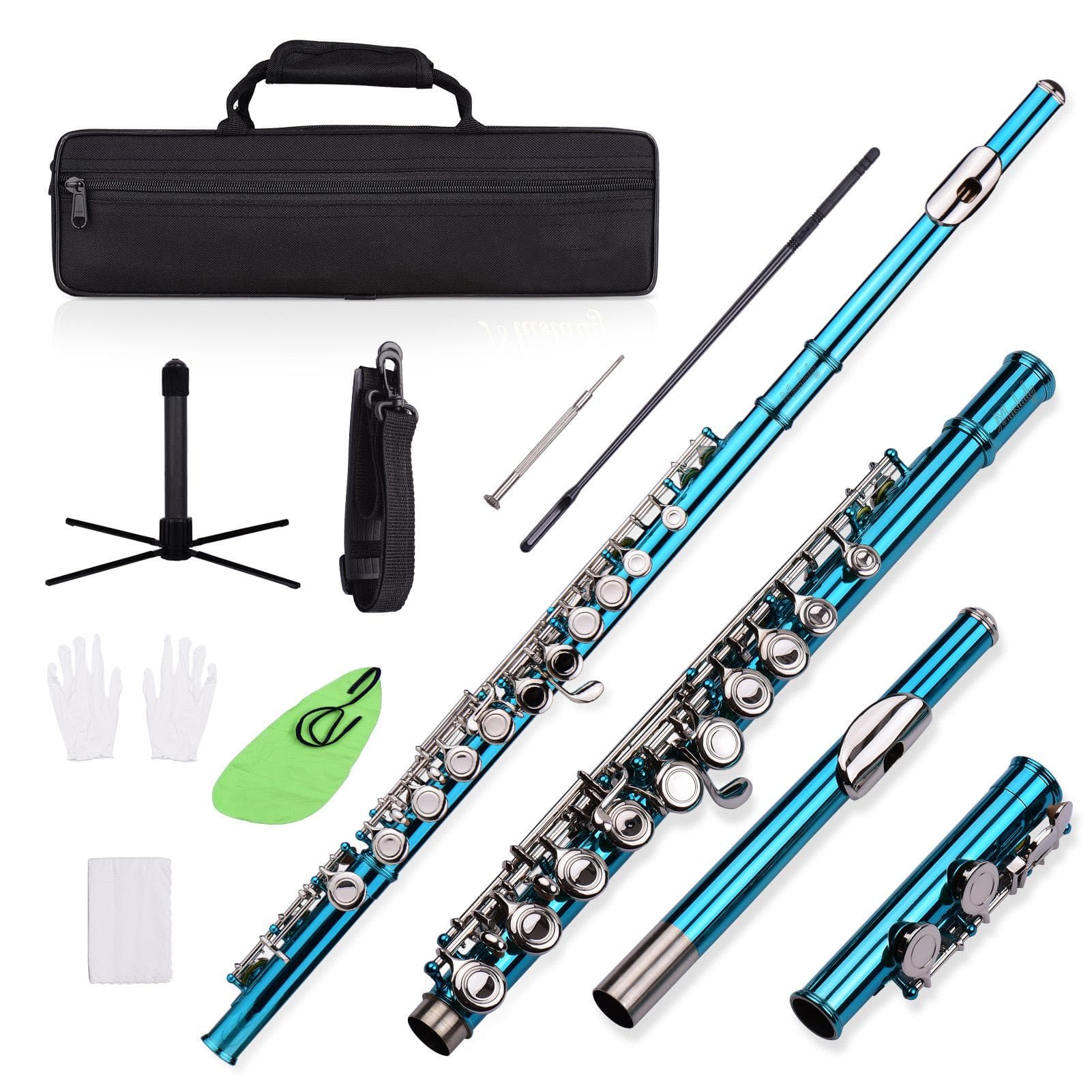 Closed Hole C Flute 16 Keys Cupronickel Nickel-plated Wind Instrument with Carry Case Flute Stand Gloves Cleaning Cloth Mini Screwdriver Cleaning Rod green