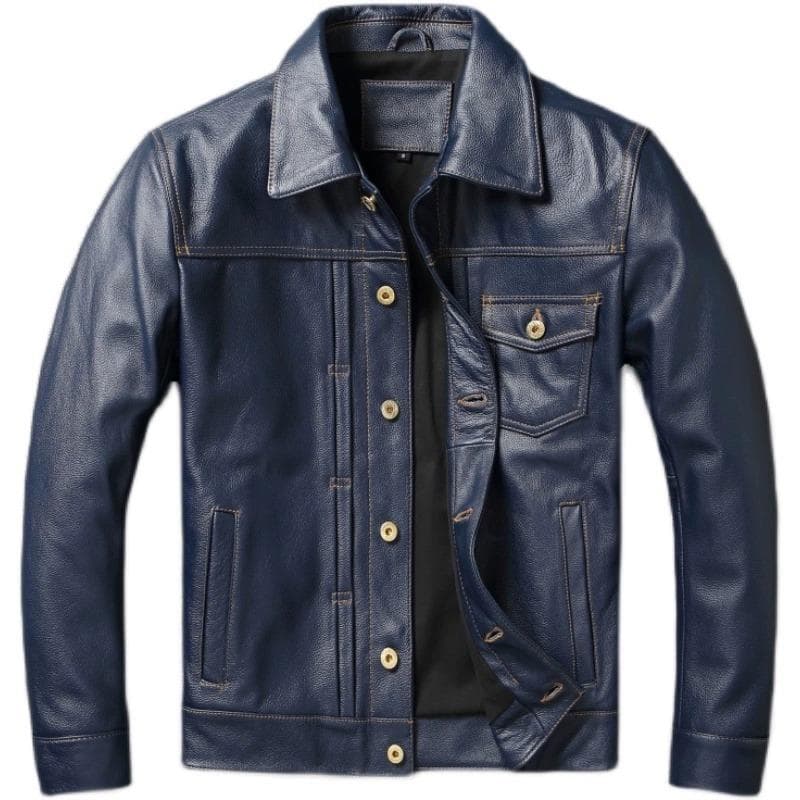 Vintage Blue Genuine Leather Jacket Men 506 Style Slim Fit Short Cowhide Skin Mens Leather Coat Autumn L dark blue