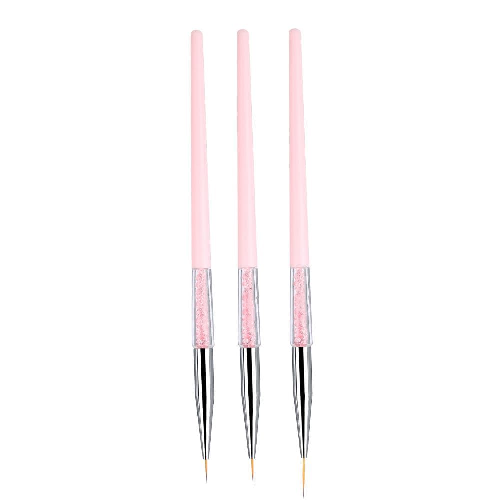 3pcs Nail Art Dotting Liner Brush UV Gel Painting Pen Drawing Tool Set Rhinestone Handle (Pink) pink