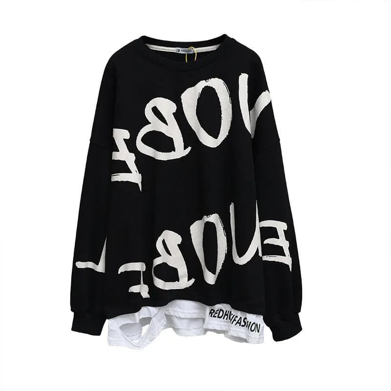 Cotton Sweatshirts for Women Long Oversized Pullover Sweatshirt Long Sleeve Loose jumpers Fake Two Pieces Sweatshirts Top L black