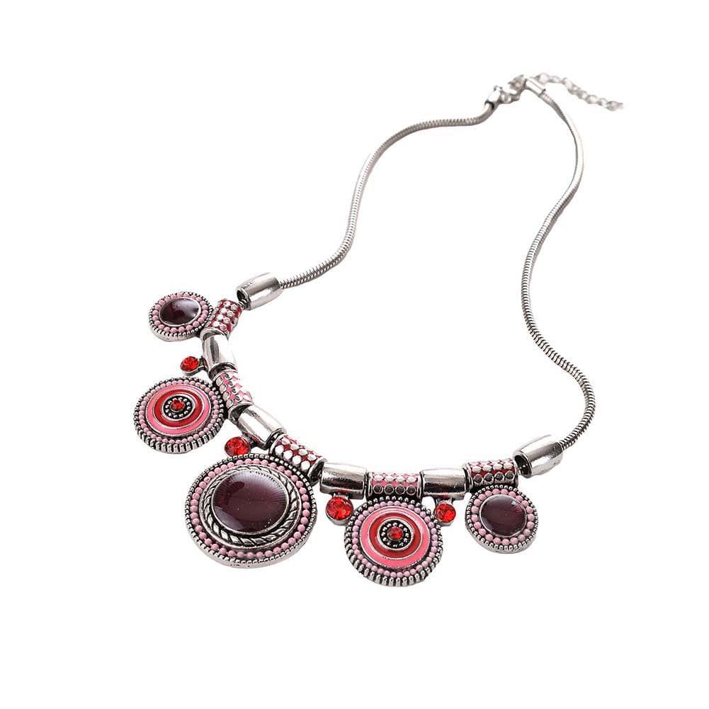 Diamonding Jewelry Ethnic Women Crystal Stone Inlaid Round Enamel Pendant Statement Bib Necklace one size rose red