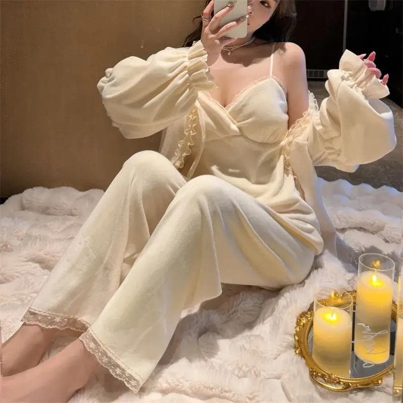 Long-sleeved Trousers Home Dress Pajama for Women Three Piece Pajama Set Women Spring Autumn Winter Sweet Lace Lashing Cardigan XL