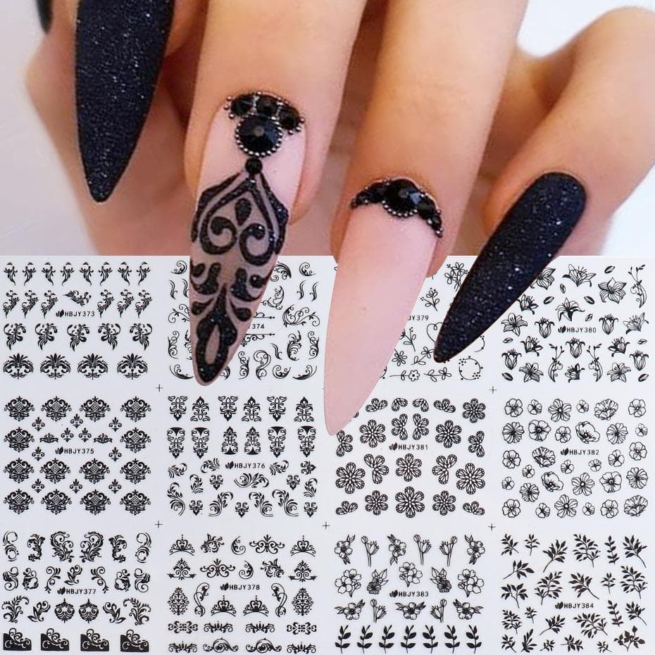 Black Nail Stickers Flower Leaf 3D Sliders Decal Nail Decals DIY Design Manicure Tips