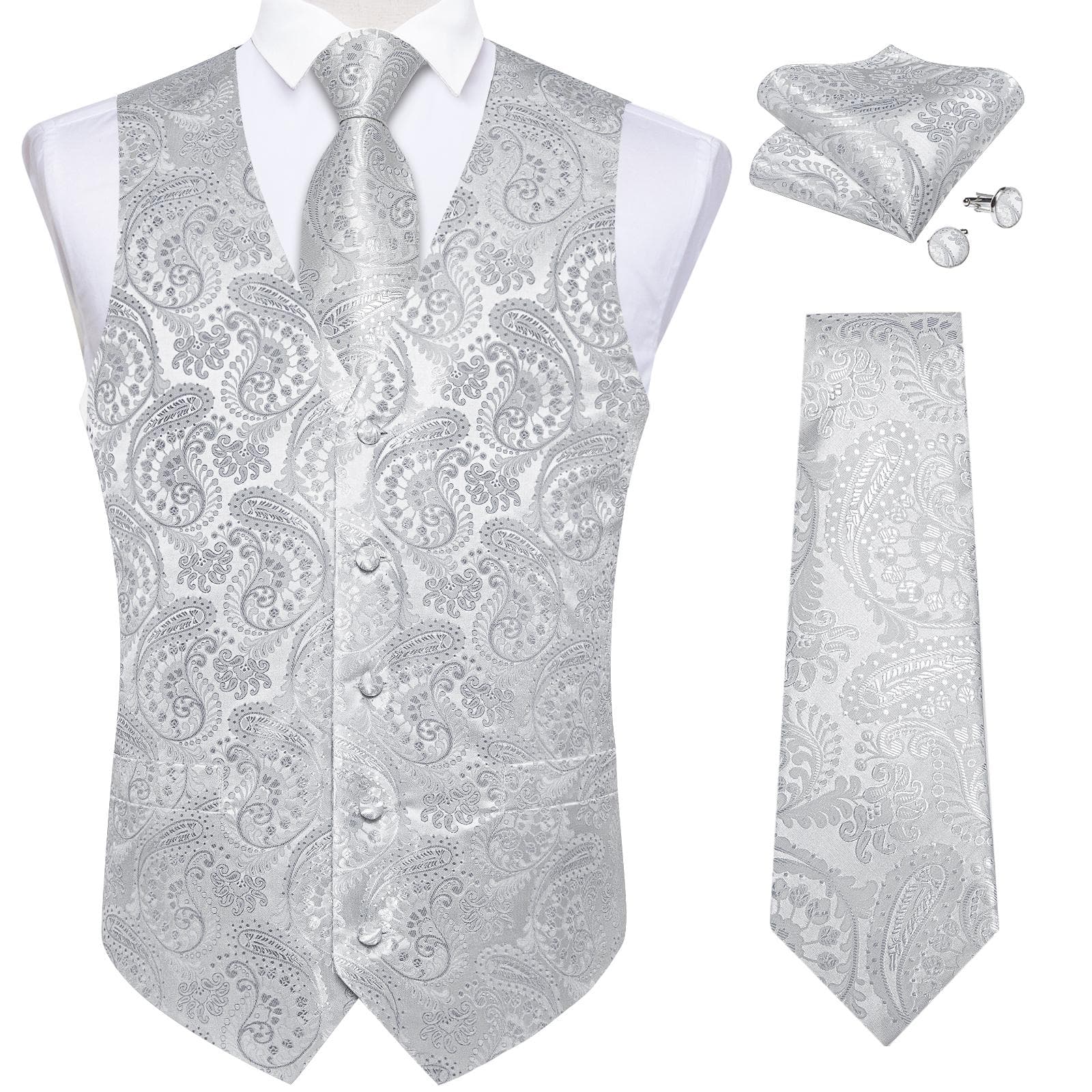 Dibangu Mens Yellow Paisley Vest Suit Waistcoat Hanky Cufflinks Tie Set Wedding XL