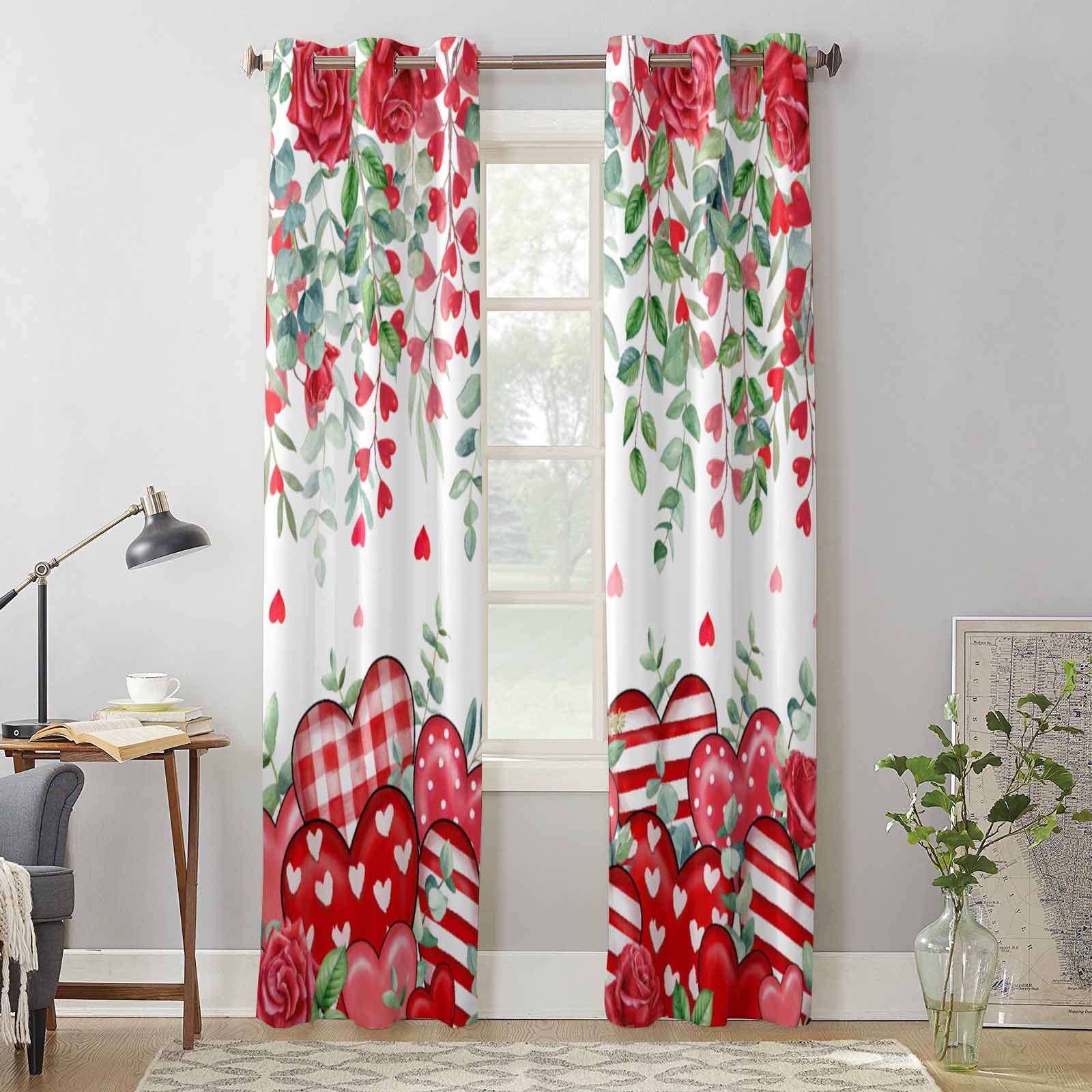 Valentine'S Day Red Heart Eucalyptus Leaves Rose Window Curtains for Living Room Bedroom Curtain Modern Kitchen Blinds Drapes 135W x 60H(cm) x1