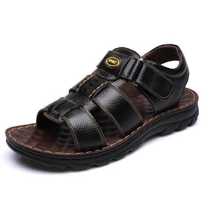 Summer Fashion Men's Non Slip Leather Sandals Man Casual Comfortable Beach Slippers Flip Flops for Male Genuine Leather Beach Shoes 38 black