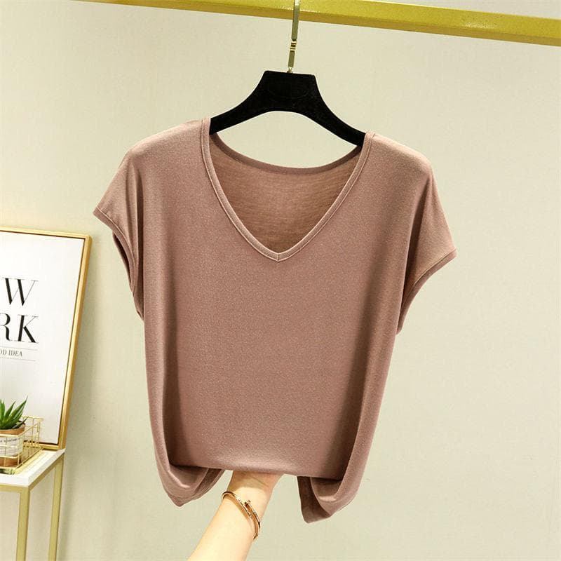 Women Summer Solid V Neck Basic T Shirt Modal Loose Tee Tops Casual Undershirt 2XL khaki