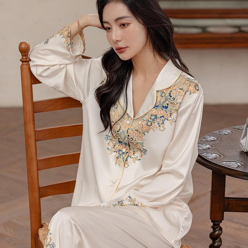 Long Sleeved Printed Pajamas Spring Autumn Shirts Pant Loungewear Satin Intimate Lingerie Nightwear Women's Sexy Lapel Sleepwear 2XL white