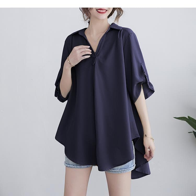 Mid-length Short Sleeved Chiffon Shirt Female Summer Large Size Loose Waist Chiffon Shirt Top Female 6XL blue