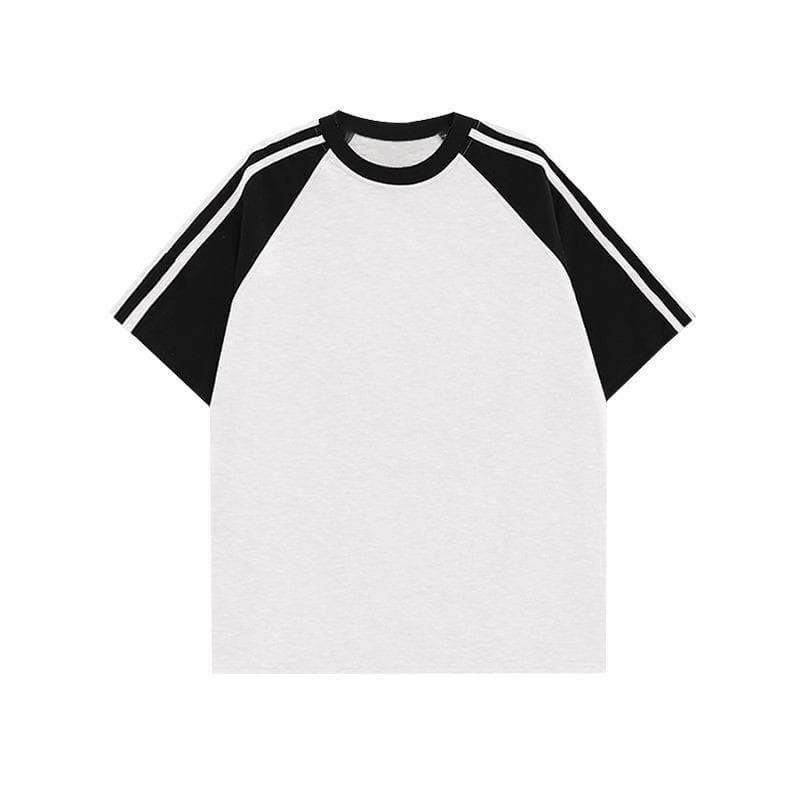 Solid-colorPure Cotton Textured CollaredShoulder Insertion, Contrasting Color Striped Short-sleeved T-shirts for Men and Women S grey/black