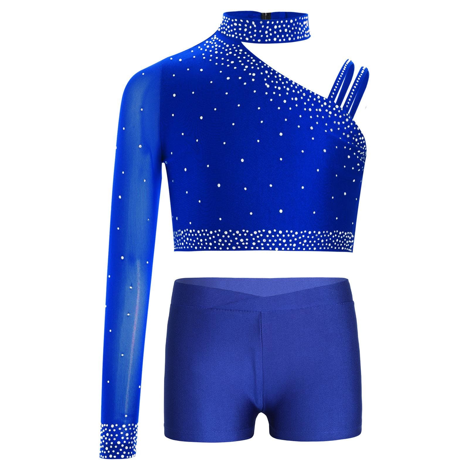 Girls Sparkly Dance Top Irregular Shoulder Crop Top V Front Waistband Shorts Rhinestone Stage Costume 11-12 Years blue