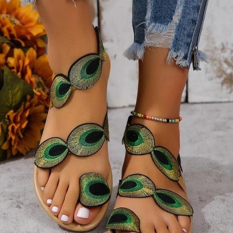 Yellow Embroidered Faux Flower Fashion Sandals Flat Plus Size 43 Summer Outdoor Beach Shoes Travel Mom Shoes 37
