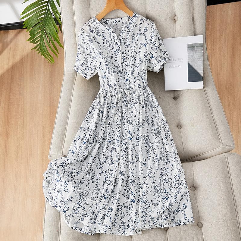 New Chinese style small floral pure cotton dress women's short-sleeved summer new elegant temperament medium and long dress XXL