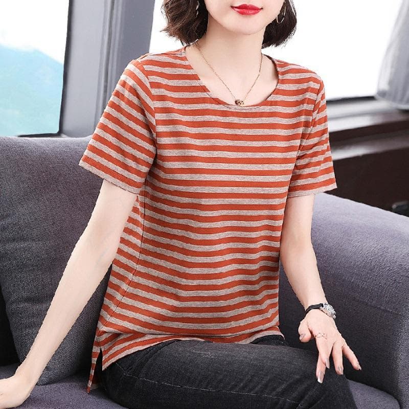 New Summer Style Slit Rear Long Front Short Striped Round Neck Short Sleeve Shirt Women's Large Size Top for Women 5XL