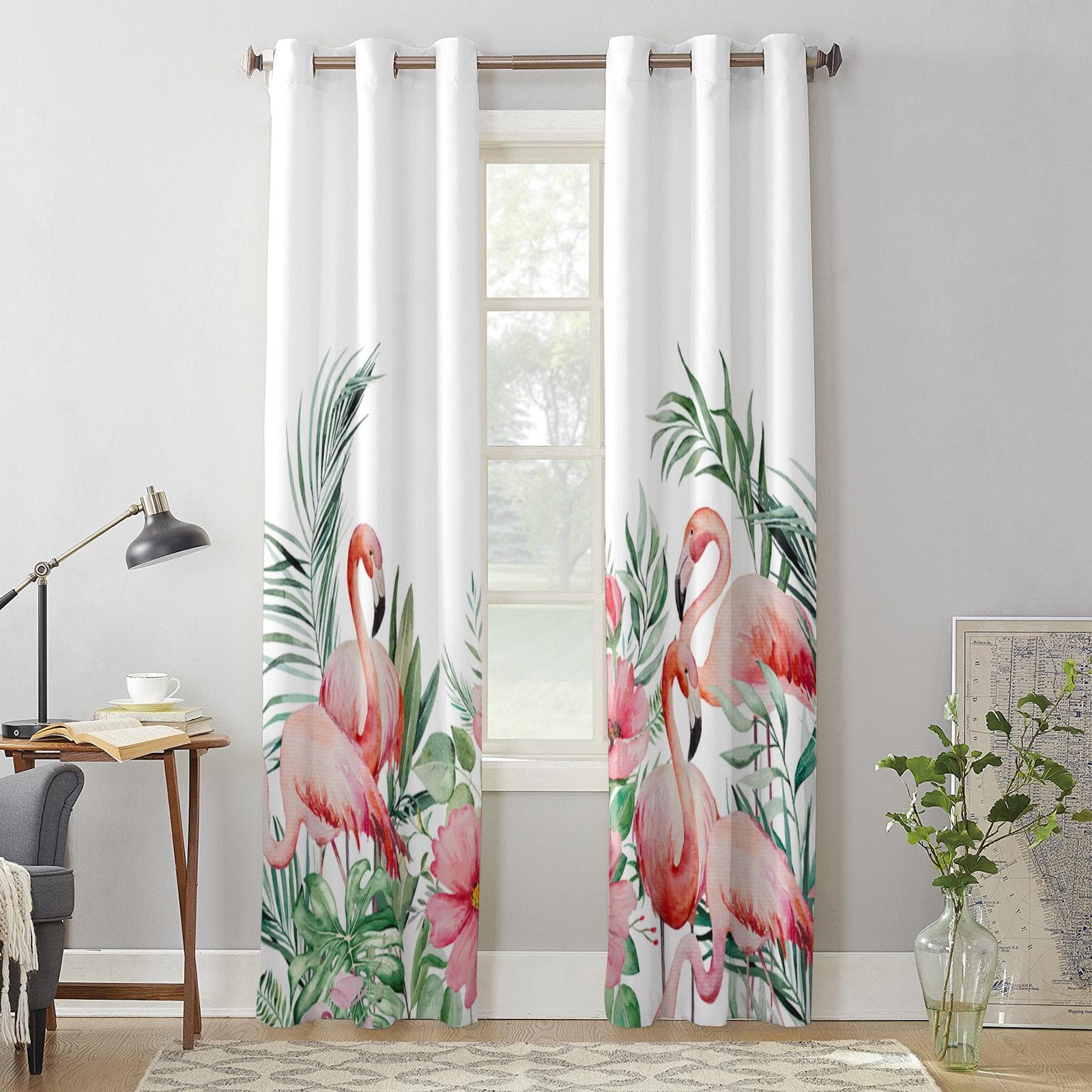 Ins Style Tropical Plants Flamingos Curtains for Bedroom Living Room Window Curtain Treatments Blinds Kitchen Home Decor Drapes 135W x 60H(cm) x1