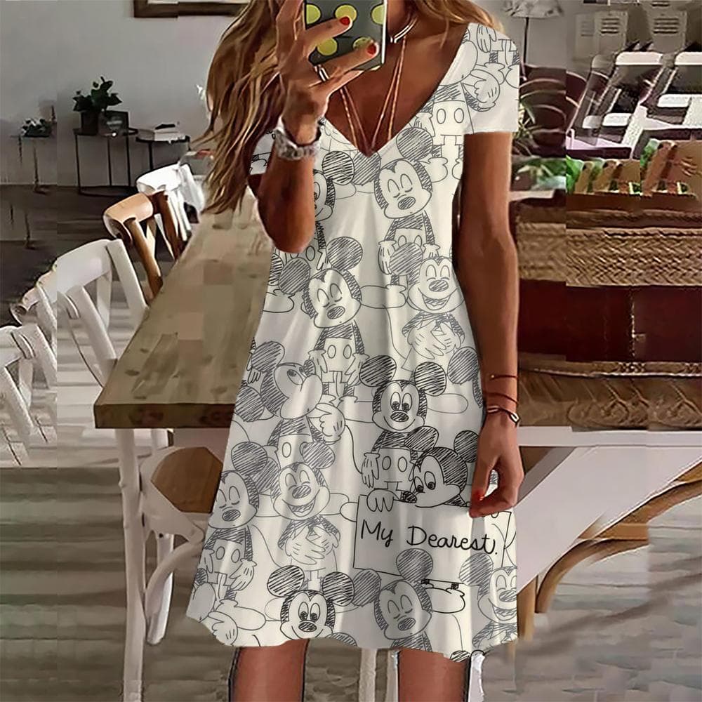 New 2024 Summer Dresses Women Disney Mickey Mouse print Dress Female Clothing Casual Retro Short Sleeve Loose Plus Size Dress XL