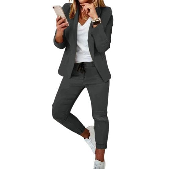 2 Pcs/Set Women Coat Pants Set Business Set Long Sleeves Solid Color Drawstring Elastic Waist Lapel Slim Fit Pants Blazer Trousers Suit L dark gray