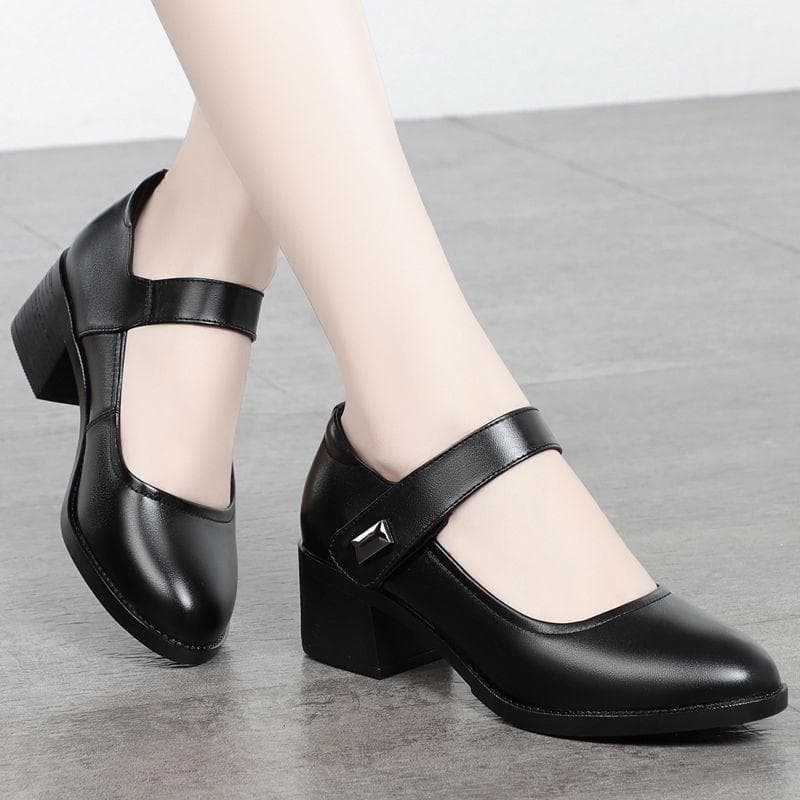 Single Shoe Women's Four Seasons Spring and Autumn Shoes, Mid Heel Thick Heel Leather Shoes, Women's Shoes, Anti Slip Work Shoes 40