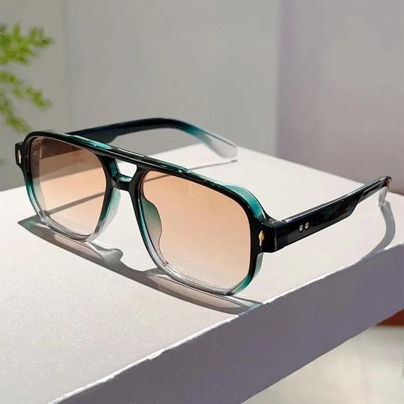 Vintage Double Bridges Square Sunglasses Green Ocean Lens UV400 Protection Unisex Fashion Rivets Sun Glasses 1PC