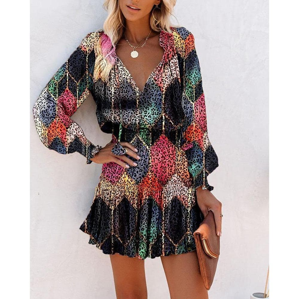IHUASU Summer Color Contrast Long-sleeved V-neck Fashion Print Waist Dress S