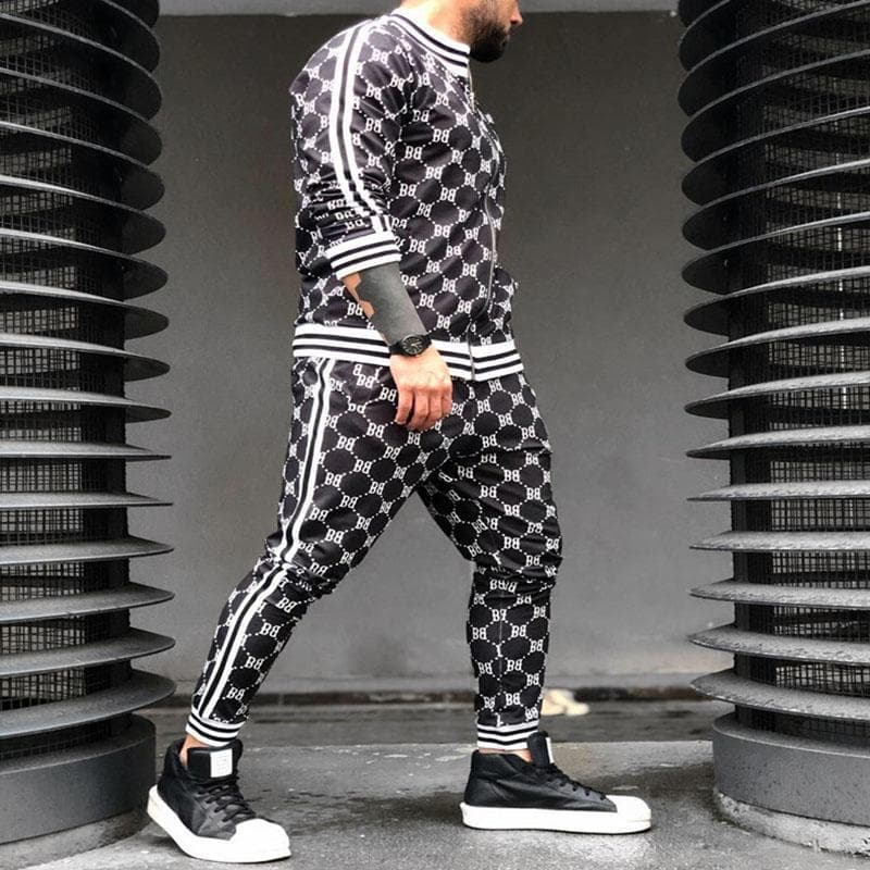 Tracksuit Men Sportsuits Gentlemen Set Zipper jacket suit Long Sleeve stripe Coat+Pants Gyms Men Set Casual Sportswear Suit M