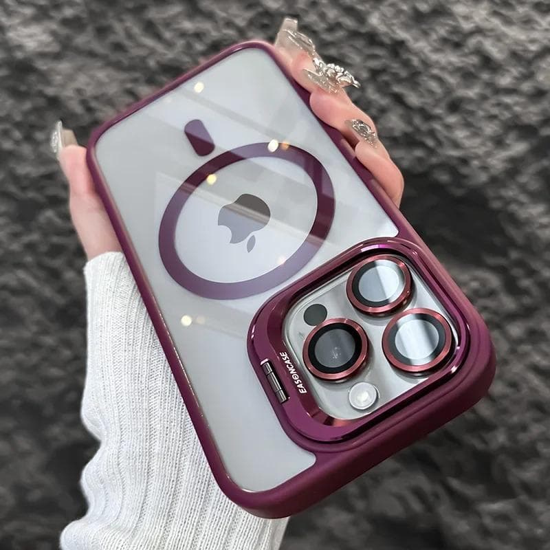 Luxury Magnetic Shockproof Phone Case For iPhone 16 15 14 13 12 11 Pro Max Plus Funda Stand Glass Lens Protection Back Cover iPhone 13 Pro Max red