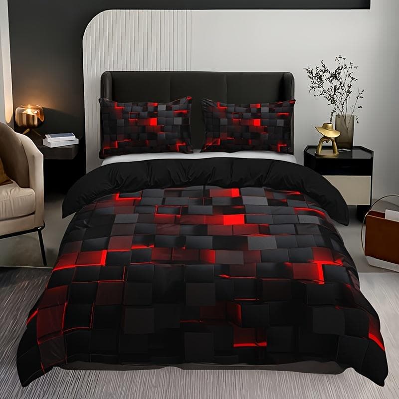 Duvet Cover Set (1*Duvet Cover+2*Pillowcase), Red Grid Print Bedding Set Soft Comfortable Duvet Cover For Bedroom 220X240cm