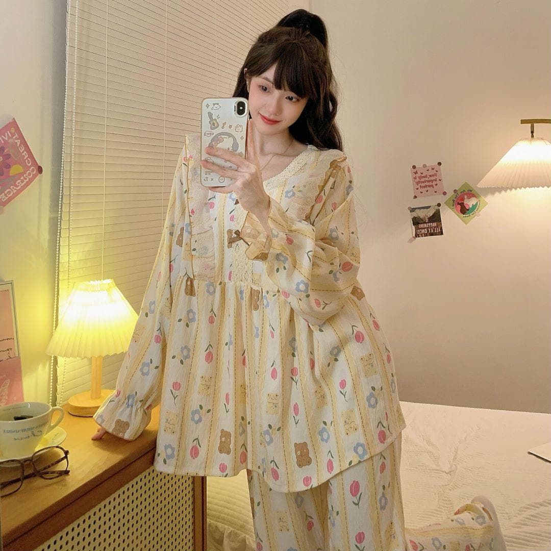 Plus Size Pajama Mujer Cherry Print Sleepwear Set Long Sleeve Top+Pants Ruffle Homewear Skin-Friendly Breathable 6XL