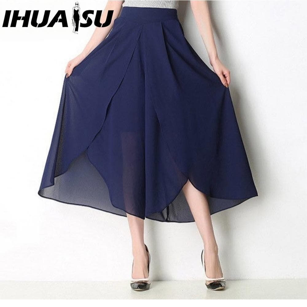 IHUASU 4 color Summer Pants Loose Women Ankle Length Trousers High Waist Chiffon Skirt Wide Leg Trousers Plus Size Pants XL blue