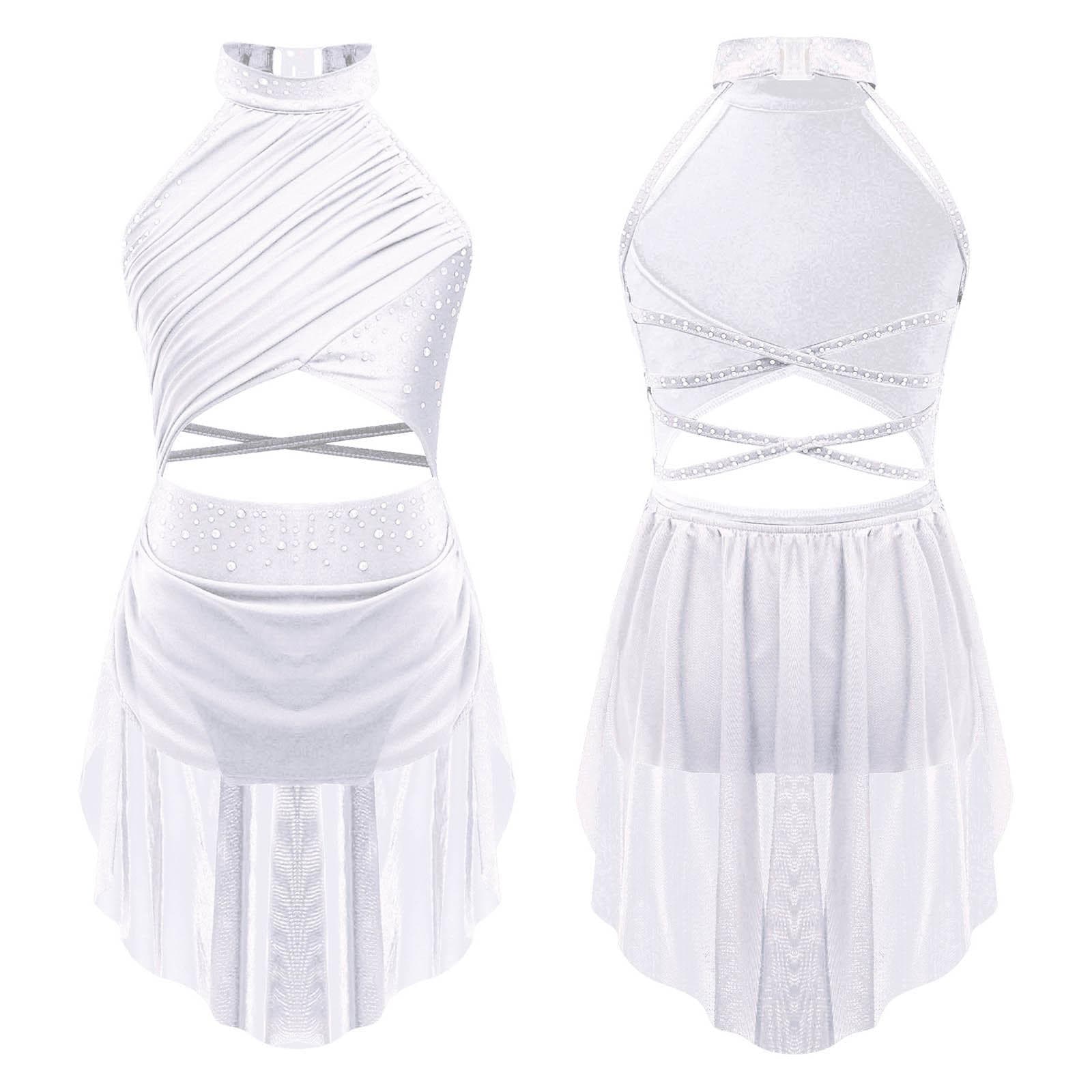 Kids Girls Lyrical Dance Performance Costume Glittery Rhinestone Cutout Strappy Backless Leotard Dress Sheer Mesh Overlay Mock Neck Dresses 11-12 Years white