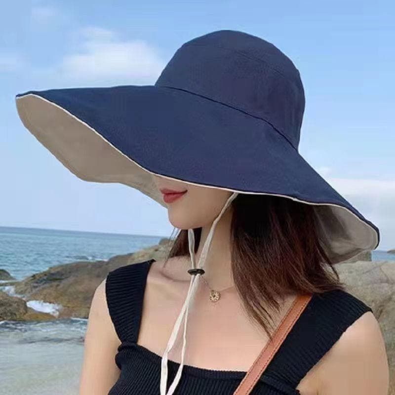 Wide Brim UPF 50+ Sun Hat Women Anti-UV Protection Hiking Fisherman Cap Fold Summer Solid Beach Hat 2024 Double sided Sun hat blue