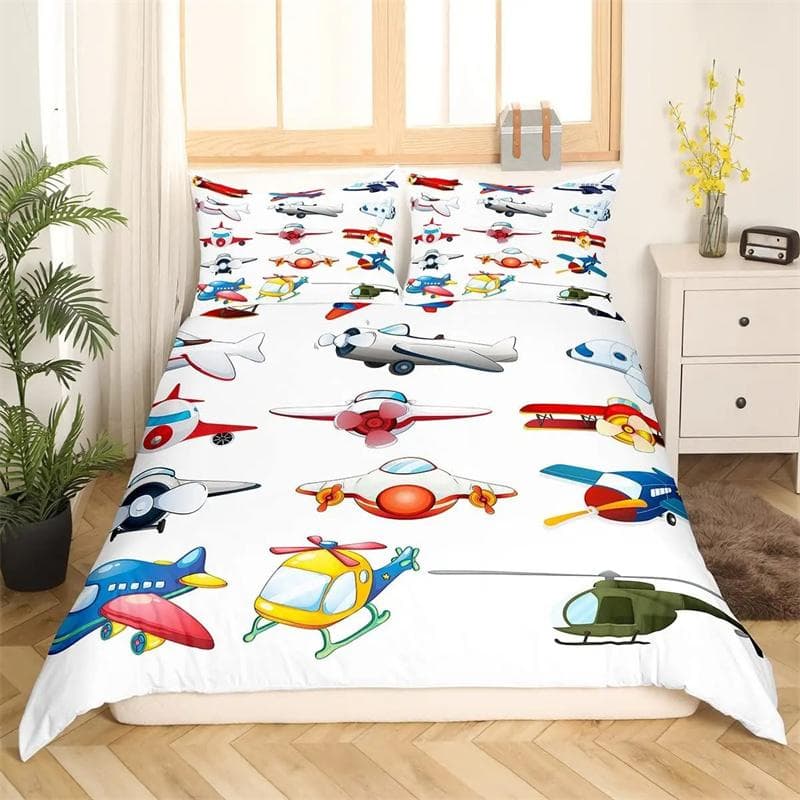 Airplane Duvet Cover Planes Fying In Air Aviation Airport Helicopters and Jets Cartoon Style Room Decorative for Boys Girls Gift 135x200cm 2pcs