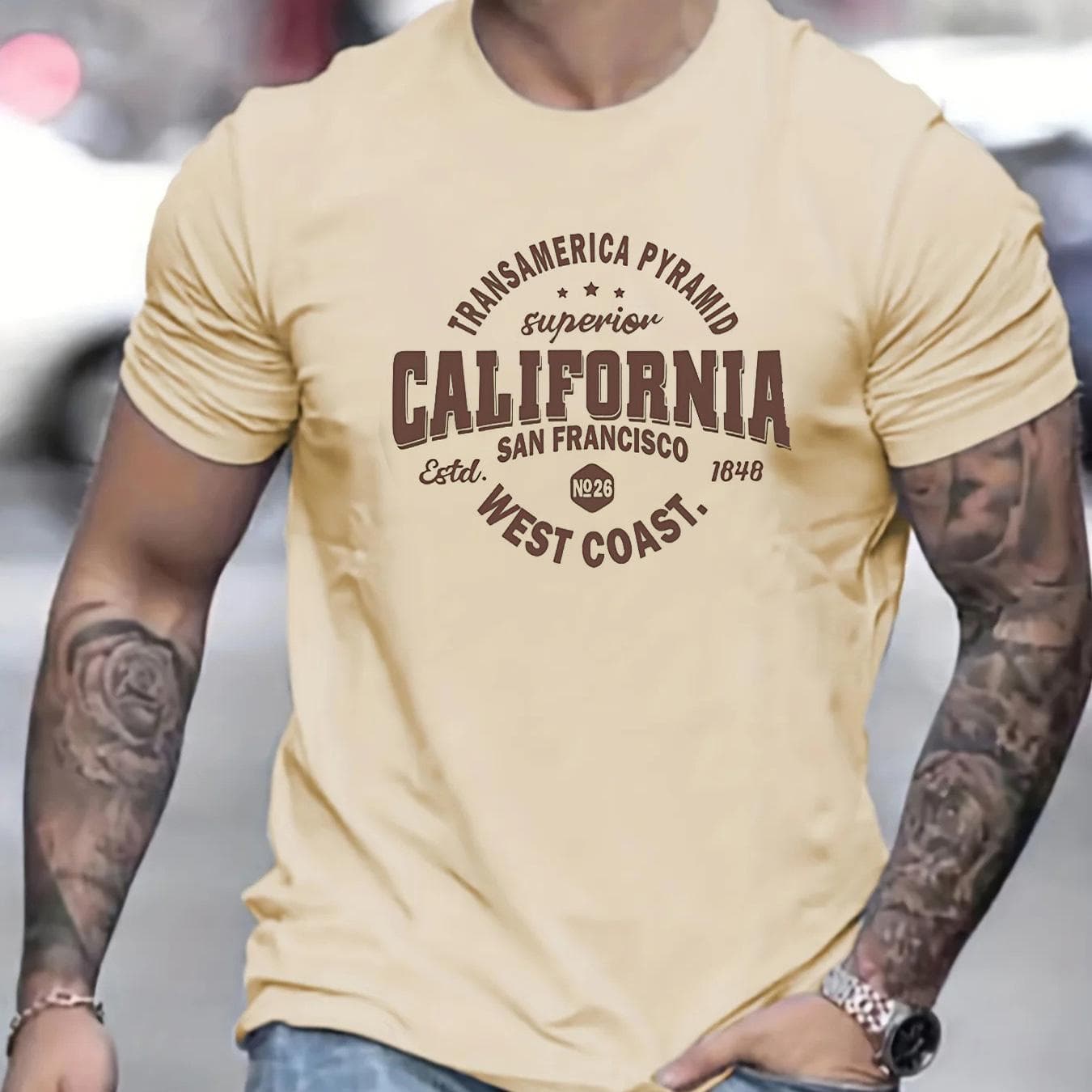 Men's 100% cotton casual sports loose fit California West Coast print round neck short sleeved T-shirt top L