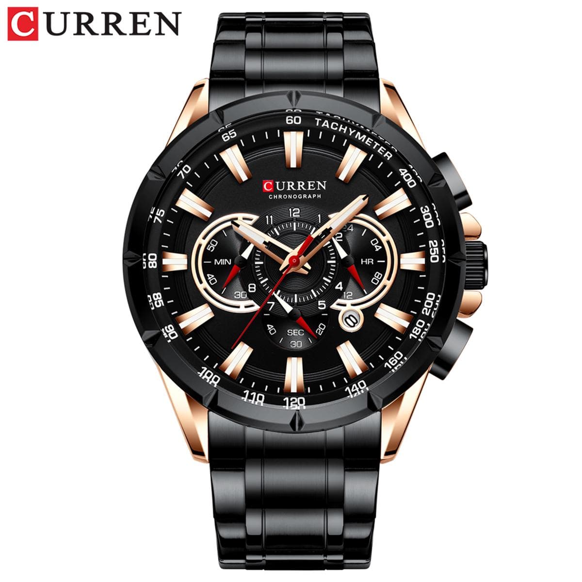 CURREN 8363 Watch Quartz Man Wristwatch Watches with Stainless Steel Strap Band Three Sub-Dials Calendar Indicator Waterproof black