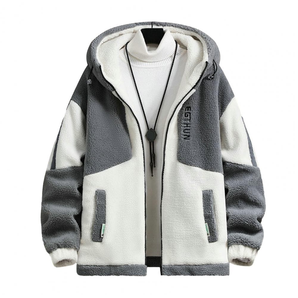 Fall Winter Men Jacket Colorblock Hooded Zipper Closure Cardigan Thick Plush Letter Decor Warm Long Sleeve Pockets Cold Resistan M grey