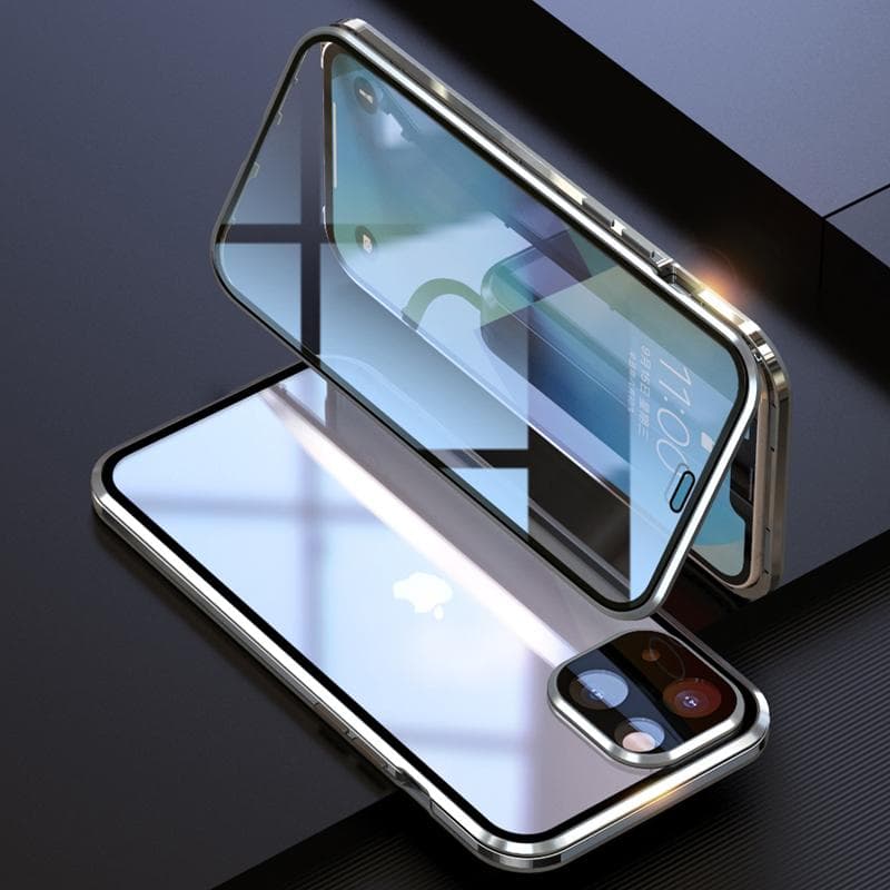 360 Full Lens Metal Magnetic Case For iPhone 16 15 14 Plus 13 12 Pro Max Aluminum Bumper Snap Lock Double Sided Glass Phone Cover For iPhone 12 silver