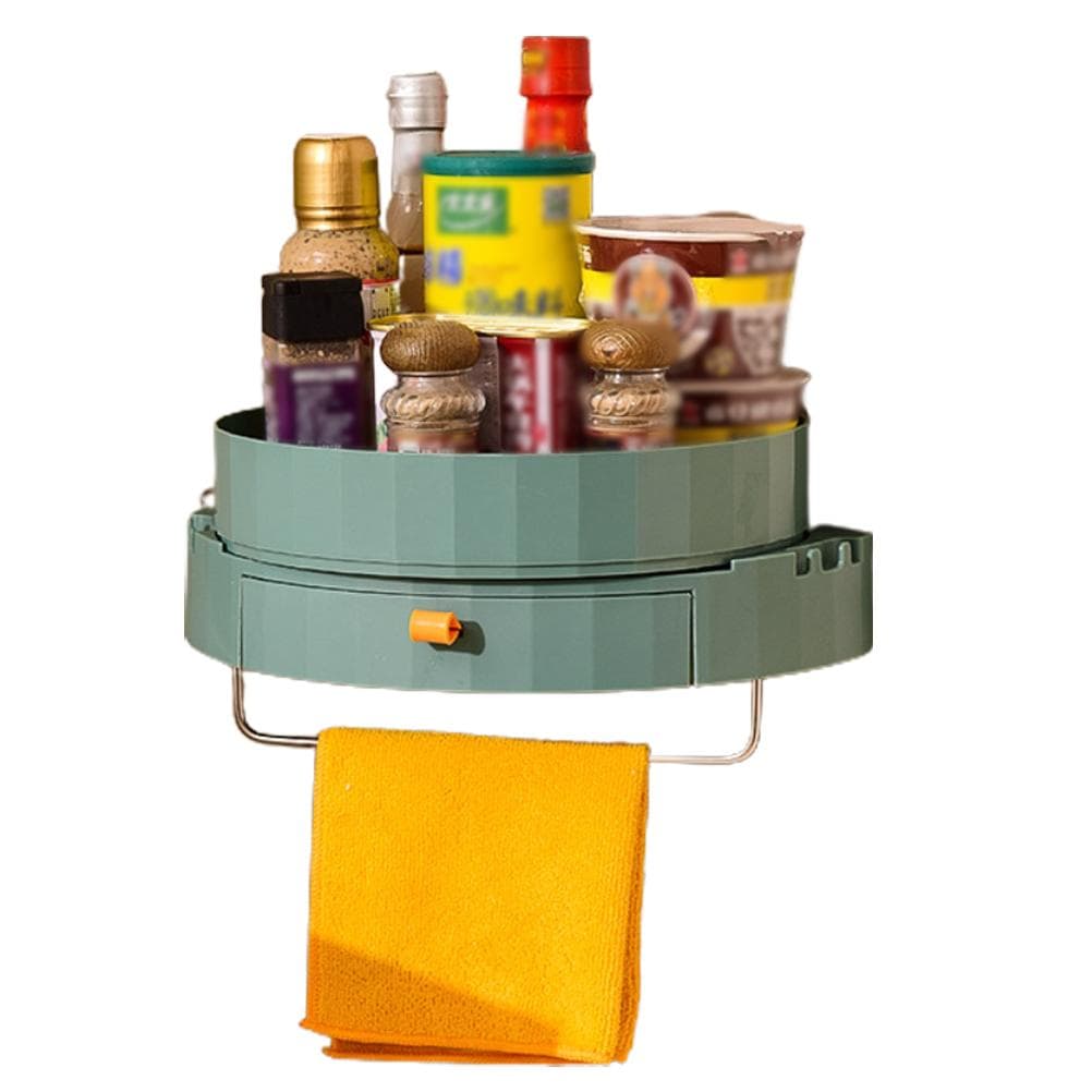Rotating Spice Rack Holder with Drawer Wall Mounted Kitchen Spice Storage Shelves Bathroom Kitchen dark green