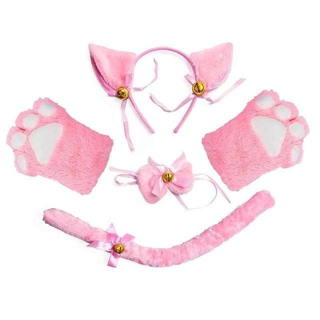 Cat Cosplay Costume Set Kitten Tail Ears Collar Paws Gloves Kit for Halloween Accessory Hairwear Hairband Ears Neko Fantasy Set pink