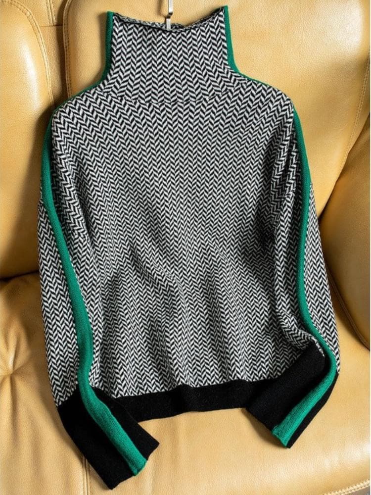 2022 Winter Women's Turtleneck Sweater Warm Pullover Commuter Elegant Top Loose Casual Women's Top Retro Contrast Color XXL black