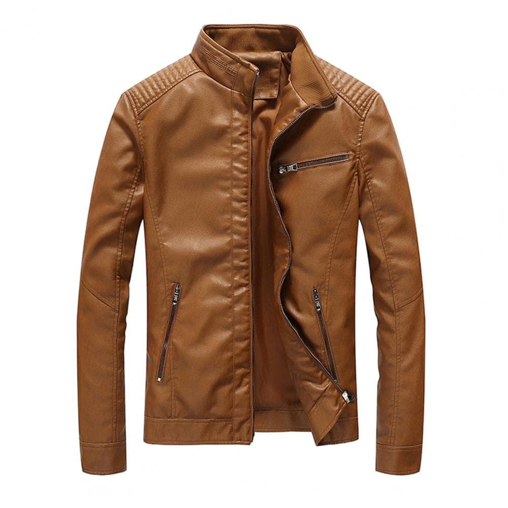Spring Fall Jacket Stylish Men's Faux Leather Jacket with Stand Collar Zipper Placket Slim Fit Coat with Pockets Trendy for Men M yellow