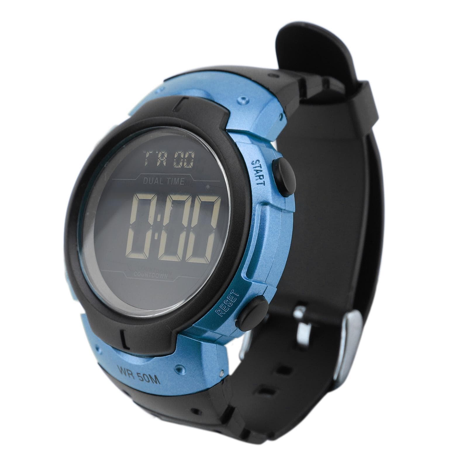Men Digital Watch 1/100 Sec Stopwatch EL Backlight Alarm Calendar TPU Strap Water Proof Wide Face blue