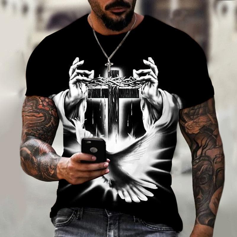New Men's T-shirts 3d Cross Print Short Sleeve Tops Cool Crucifix T Shirt For Man Oversized Tee Shirt Men Vintage Clothing XL