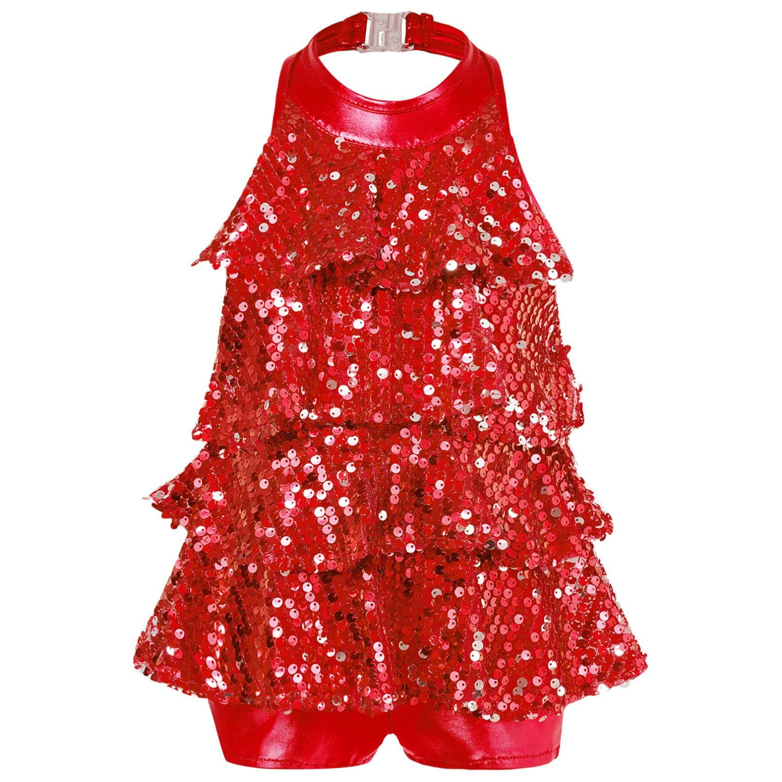 Dancewear for Kids Girls Halter Neck Shiny Sequins Jazz Dance Costume Shorty Unitard Dress Stage Performance 13-14 Years red