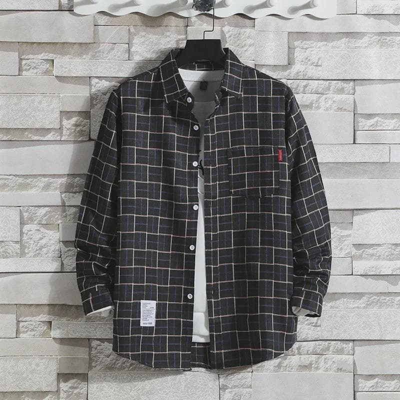 Plaid Men's Long-Sleeve Shirt - Trendy Korean Hong Kong Style 5XL