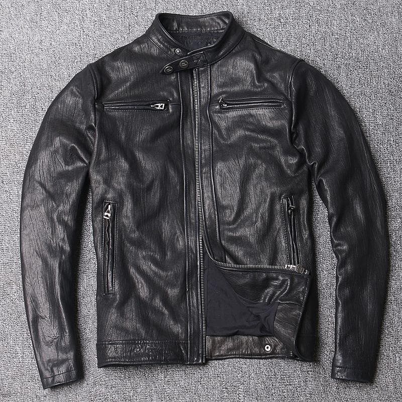 Sheepskin Vegetated Tanned Bark Leather Jacket for Men with Standing Collar Slim-fit Leather Jacket 5XL