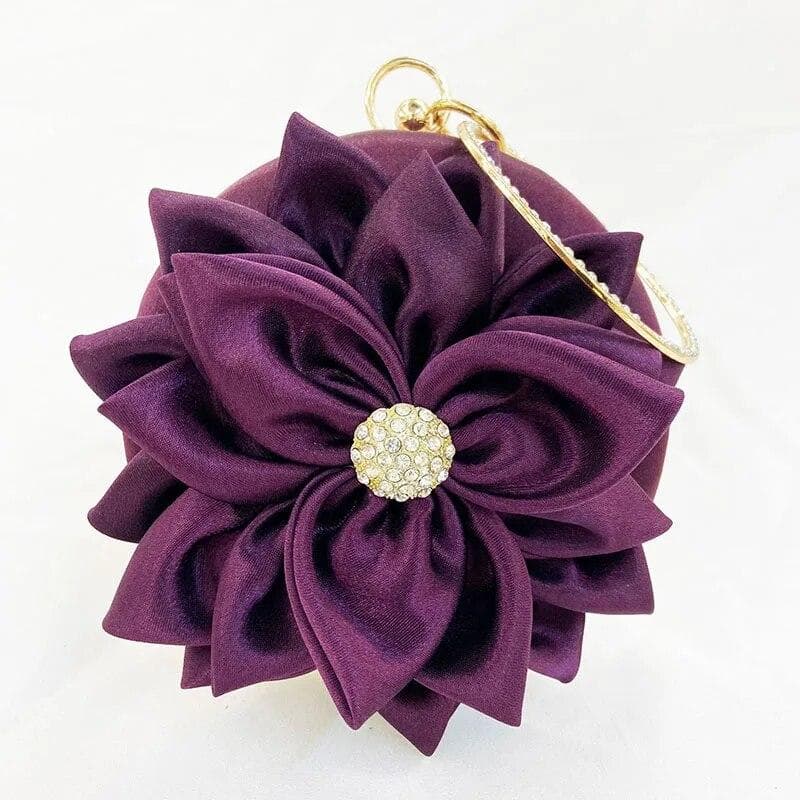 Red Flower Clutch Purse  Women Round  Evening Bag Crystal Diamond Wedding Silk Handbag Exquisite Chain Shoulder Bags purple